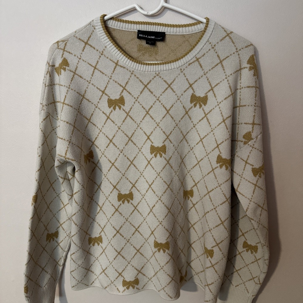 Bella Jane Argyle Cream Sweater‎ Gold Bows Holiday Party Women's Medium Elegant